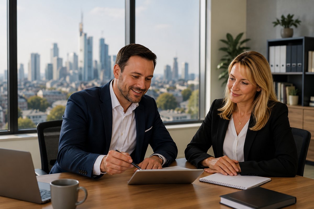 Zwei Mitarbeitende der KONFORM Immobilienverwaltung im Büro mit Blick auf die Frankfurter Skyline