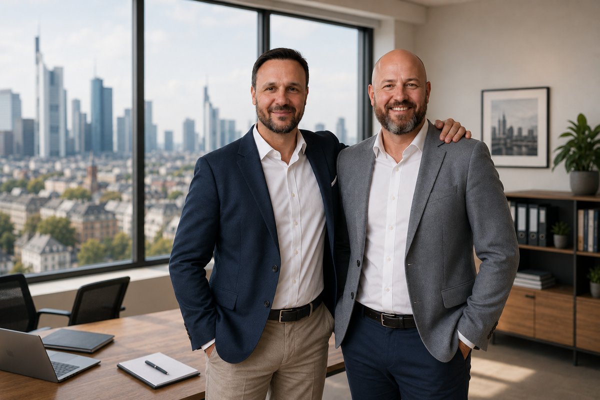 Inhaber und technische Objektbetreuung der KONFORM Immobilienverwaltung im Büro mit Blick auf die Frankfurter Skyline
