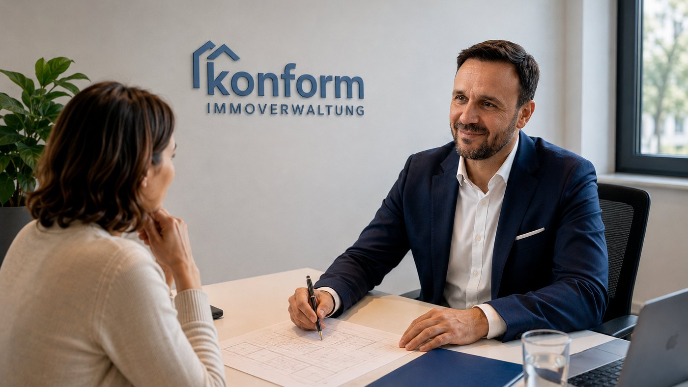 Beratungsgespräch am Besprechungstisch im Büro der KONFORM Immobilienverwaltung