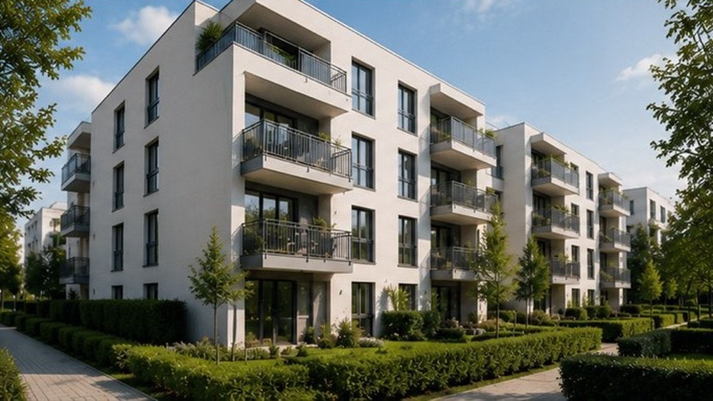 Moderne Wohnanlage mit Balkonen und begrünter Außenanlage im Rhein-Main-Gebiet