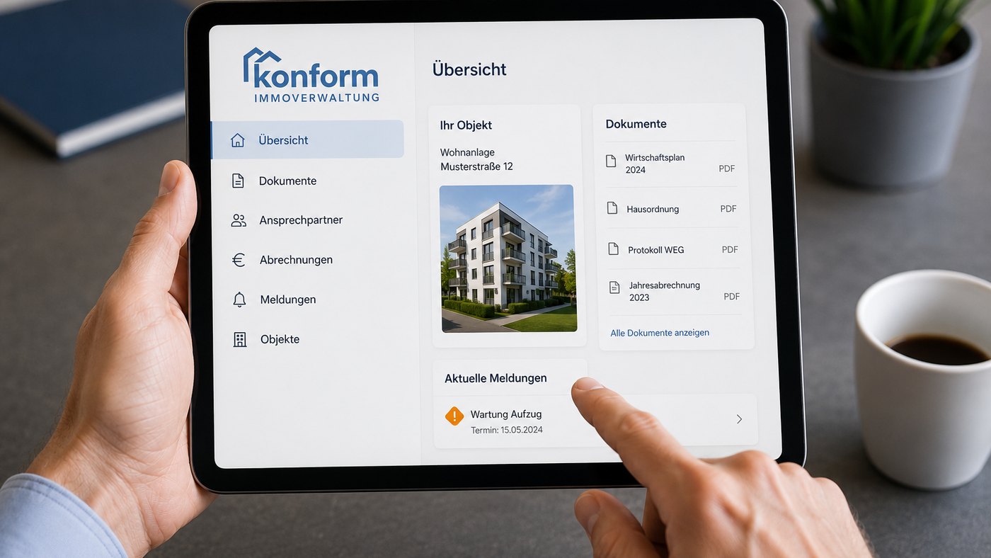 Tablet mit dem Kundenportal der KONFORM Immobilienverwaltung, geöffnet auf der Objektübersicht mit Dokumenten und Abrechnungen