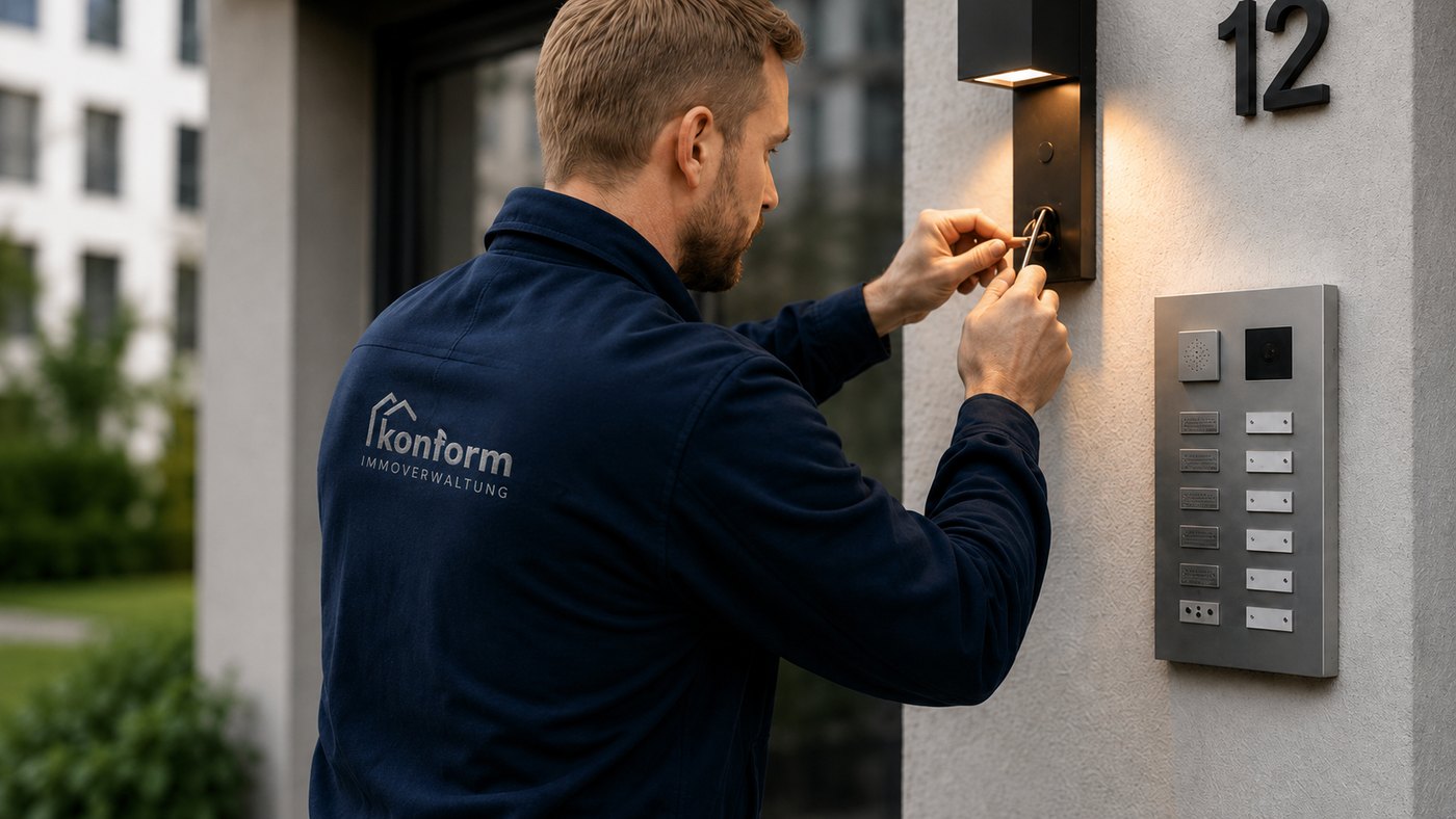 Mitarbeiter der KONFORM Immobilienverwaltung bei der Wartung einer Türsprechanlage