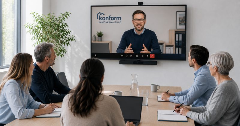 Eigentümerversammlung im Besprechungsraum, der Verwalter ist per Videokonferenz zugeschaltet, hybride Verwaltung