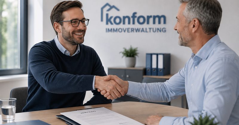 Handschlag zwischen Verwalter und Eigentümer im Büro der KONFORM Immobilienverwaltung, Verwaltervertrag auf dem Tisch
